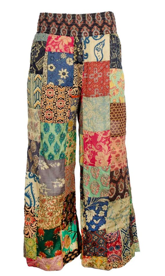 Patchwork Pants - Cotton Print Patchwork Flare Pants - Hippie pants - Festival Frolic Ware - Comfy pants - one size fits most