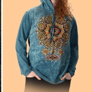 Auge Lotus Mandala Baumwoll Tye Dye Pullover, Auge Lotus handgemachter blauer Leichter Pullover - Blauer KapuzenPulli langarm