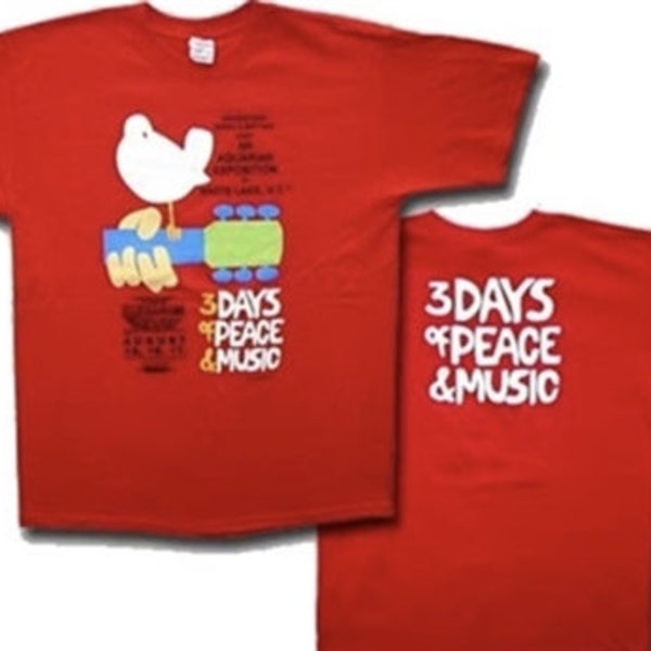 Woodstock Shirt - 3 Tage Liebe und Musik Shirt - Woodstock Poster Shirt - die original Woodstock Poster auf rotem Hemd md, Lg, XL, 2XL & 3XL