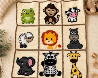 Modèle PDF de couverture de bébé au crochet, couverture afghane animal de safari, cadeau de baby shower, crochet pour débutant, téléchargement immédiat, modèle au crochet en mosaïque