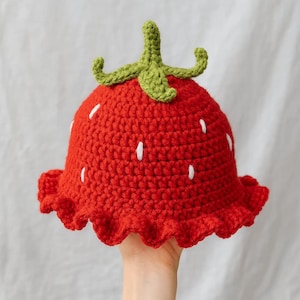 Handmade Strawberry Crochet Hat • Cottagecore Ruffle Brim Beanie