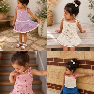 May include: Four images displaying crochet kids clothing patterns. The top image shows a lilac dress with white trim and star details. The second image shows a cream dress with star details. The third image shows a pink top and tutu. The fourth image shows a cream top and denim skirt.