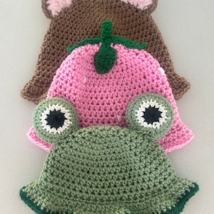 3 in 1 crochet baby toddler and children frog bear and strawberry bucket hat simple beginner friendly knit gift present kids