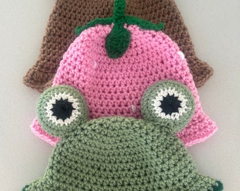 3 in 1 crochet baby toddler and children frog bear and strawberry bucket hat