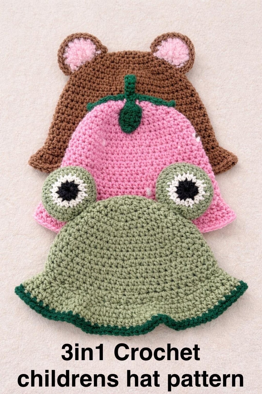 3 in 1 Crochet Animal Hat Pattern Bundle – Frog Hat, Strawberry Hat ...