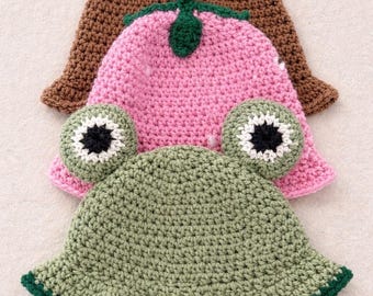 3 in 1 Crochet Animal Hat Pattern Bundle – Frog Hat, Strawberry Hat, Bear Hat – Kids Bucket Hat Pattern – Toddler Crochet Hat PDF