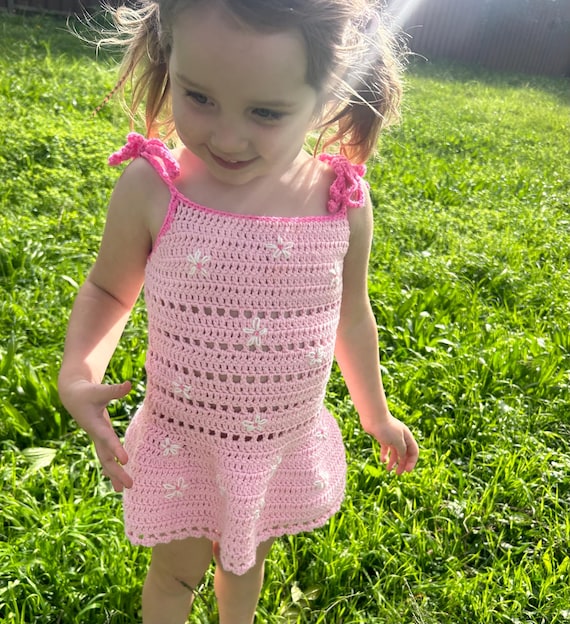 Vestido de verão de crochê com flores para crianças, ótimo