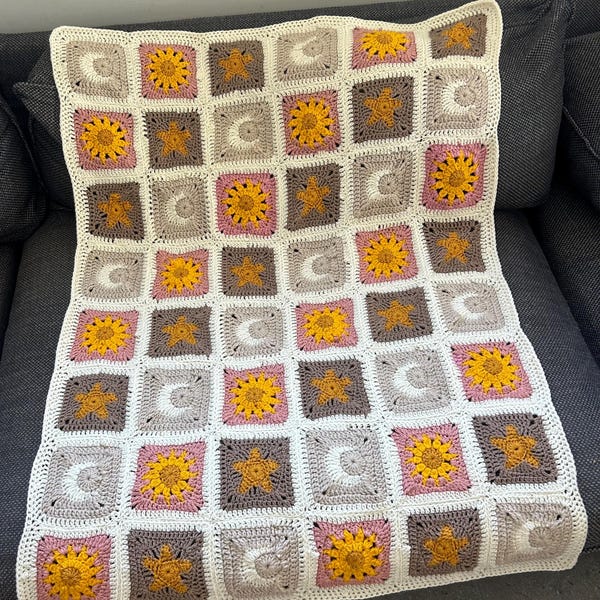 Sun Moon Star Crochet Kit DIY Granny Square Baby Blanket Celestial Boho Throw Baby Blanket Kit Yarn & Pattern Included gift present cute