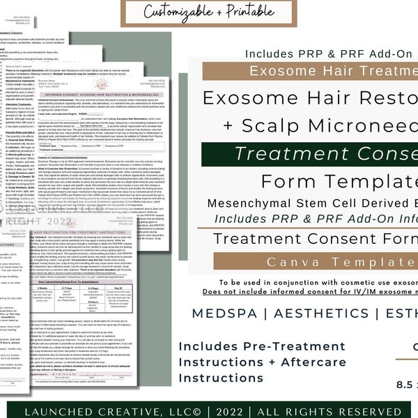 Exosome Hair Restoration Consent | Exosome Hair Scalp Microneedling PRP PRF Consent Form | Exosome Hair Consent Aftercare Template | Canva