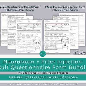 May include: A digital download bundle of two intake questionnaire forms for neurotoxin and filler injections. The forms include a female and male face graphic. The forms are available in two sizes: 8.5 x 11 inches and 21 x 29.7 cm. The bundle is for use by medical spas, aesthetics professionals, and nurse injectors.