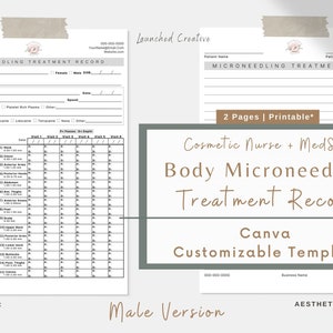 Microneedling Treatment Record Form Template Male Body | PRP Microneedle Treatment Form| PRF Microneedle Treatment Record | Male Form |Canva