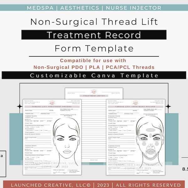 Thread Lift Treatment Record Form | PDO Thread Lift Silhouette Instalift PLA Thread Lift Treatment Form | Nurse Injector MedSpa PDO Record