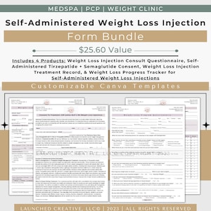 Semaglutide Tirzepatide Self Administered Weight Loss Form Bundle | Semaglutide Tirzepatide Consent Intake Record | Self inject | Canva