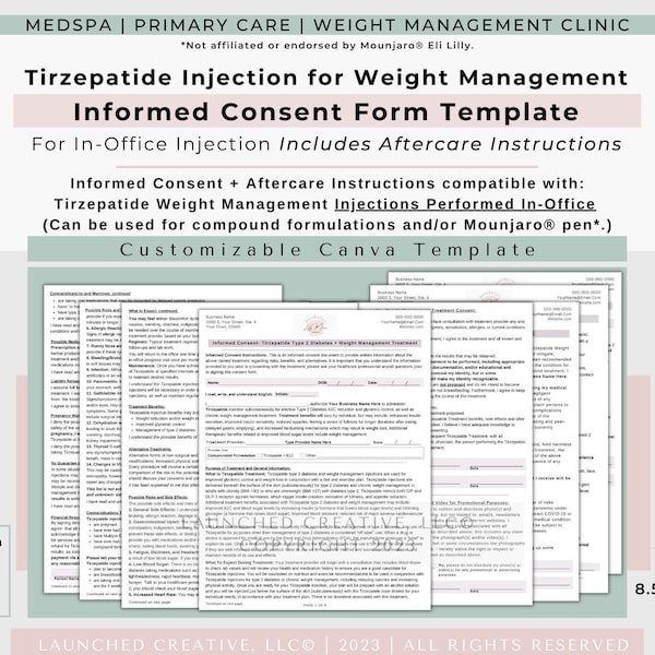 Tirzepatide Weight Loss Injection Consent Form Template | Tirzepatide In-Office Consent Form | Compounded Tirzepatide Injection Form | Canva