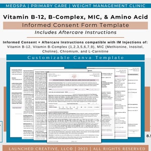 Vitamin B complex B12 MIC Injection Consent Form Template | B12 Shot Consent | B Complex Nutrient Amino Consent | Lipotropic MIC Form |Canva