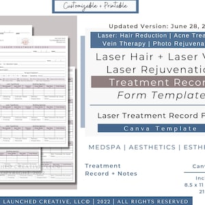 Laser Treatment Record Form Template | Laser Hair Vein Acne Treatment Record | Medspa Esthetician Form | Laser Hair Removal IPL | Canva