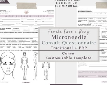 Microneedling PRP Consult Questionnaire | Microneedle Female Body Face Intake Questionnaire Form | PRP Dermapen Skinpen | MedSpa | Canva