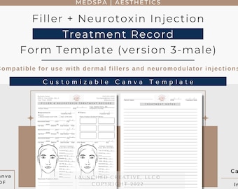 Dermal Filler Neurotoxin Male Treatment Record Form Template | Aesthetics Nurse Medspa Treatment Record | Filler Botox Record Form |Canva V3