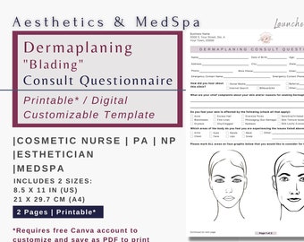 Dermaplaning Consult Questionnaire | Dermaplaning Intake Questionnaire Form | Dermplaning Editable Consult Form | Customizable Canva Form