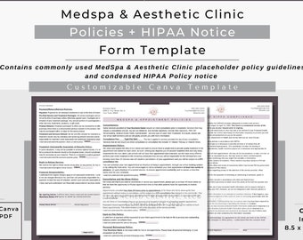 MedSpa Appointment Policy Form | Cosmetic Nurse Injector Policy Forms | HIPAA Notice | Cancellation Policy | MedSpa Form |Customizable Canva