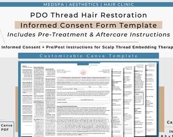 PDO Thread Hair Restoration Consent | Scalp Thread Embedding Therapy Consent Form | PDO Hair Restoration Aftercare Consent Template | Canva