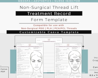 Thread Lift Treatment Record Form | PDO Thread Lift Silhouette Instalift PLA Thread Lift Treatment Form | Nurse Injector MedSpa PDO Record