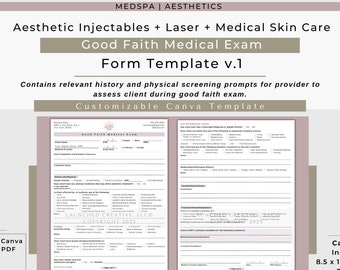 Good Faith Medical Exam Template | Aesthetic Injectables Laser Peel Good Faith Exam | Chemical Peel Filler Neurotoxin Laser GFE | Canva v1