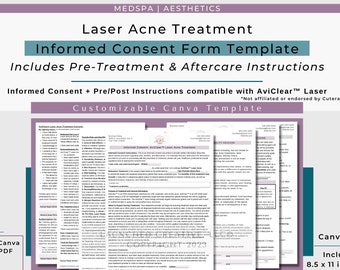 Acne Laser Treatment Consent Form Template | AviClear™ Laser Acne Consent Form | Acne Laser Treatment Consent Aftercare Template | Canva