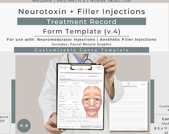 Filler Neurotoxin Injection Treatment Record Form Template | Aesthetic Injectables Treatment Record | MedSpa Nurse Injector Record | Canva