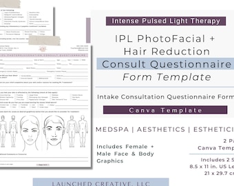 IPL Photofacial Intake Questionnaire | Intense Pulsed Light Consult Esthetician MedSpa Nurse Injector | IPL laser hair removal |Canva form