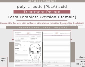 PLLA Sculptra® Collagen Stimulating Injection Treatment Record Form v1 | Aesthetic Nurse MedSpa Injectables Treatment Form | Canva Template
