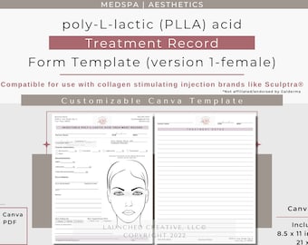 PLLA Sculptra® Collagen Stimulating Injection Treatment Record Form v1 | Aesthetic Nurse MedSpa Injectables Treatment Form | Canva Template