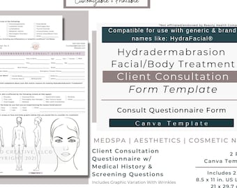 Hydradermabrasion HydraFacial Consult Questionnaire | HydraDermabrasion Facial Intake Questionnaire Form | MedSpa Nurse Editable Form |Canva