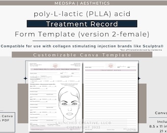 PLLA Sculptra® Collagen Stimulating Injection Treatment Record Form v2 | Aesthetic Nurse MedSpa Injectables Treatment Form | Canva Template