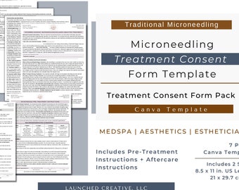 Microneedling Consent Form | Microneedle Consent Release Form | Microneedle PreTreatment Aftercare | MedSpa Nurse Esthetician Needling Canva