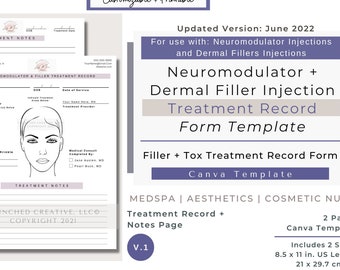 Filler & Neurotoxin Botox Treatment Record Form Template | Aesthetic Nurse Injector Treatment Form | Injectables Form Editable | Canva v1
