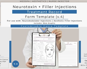 Male Filler Neurotoxin Injection Treatment Record Form Template | Aesthetic Injectables Treatment Form | MedSpa Nurse Injector Record |Canva