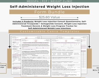 Semaglutide Tirzepatide Self Administered Weight Loss Form Bundle | Semaglutide Tirzepatide Consent Intake Record | Self inject | Canva