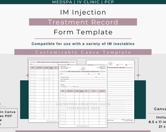 IM Injection Treatment Record Form Template | Intramuscular Injection Charting | B12 B Complex Vitamin IM Injection Chart Form |Canva