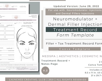 Filler & Neurotox Injection Treatment Record Form Template | Nurse Injector Treatment Form| Aesthetics Injectables Form Editable | v.2 Canva