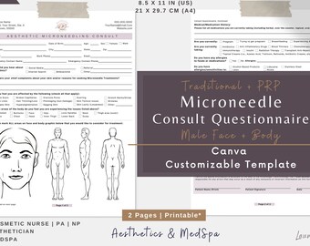 Microneedling PRP Consult Questionnaire | Microneedle Male Body Face Intake Questionnaire Form | PRP Skinpen Dermapen | Medspa Forms | Canva