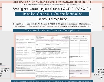 Weight Loss Injection Intake Questionnaire Form Template | Semaglutide Tirzepatide Consult Form | GLP-1 RA GIP Weight Loss Injection | Canva