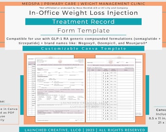Weight Loss Injection Treatment Record Form Template | Semaglutide Tirzepatide Follow Up Form | GLP-1 RA Weight Loss Injection Record |Canva