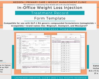 Weight Loss Injection Treatment Record Form Template | Semaglutide Tirzepatide Follow Up Form | GLP-1 RA Weight Loss Injection Record |Canva