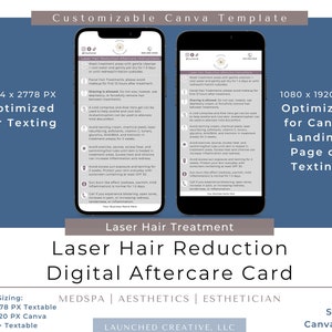 Laser Hair Digital Aftercare Card | Laser Hair Removal Care Instructions Template | Laser Textable Aftercare Card Template | Medspa Canva