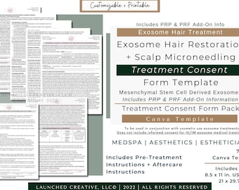 Exosome Hair Restoration Consent | Exosome Hair Scalp Microneedling PRP PRF Consent Form | Exosome Hair Consent Aftercare Template | Canva