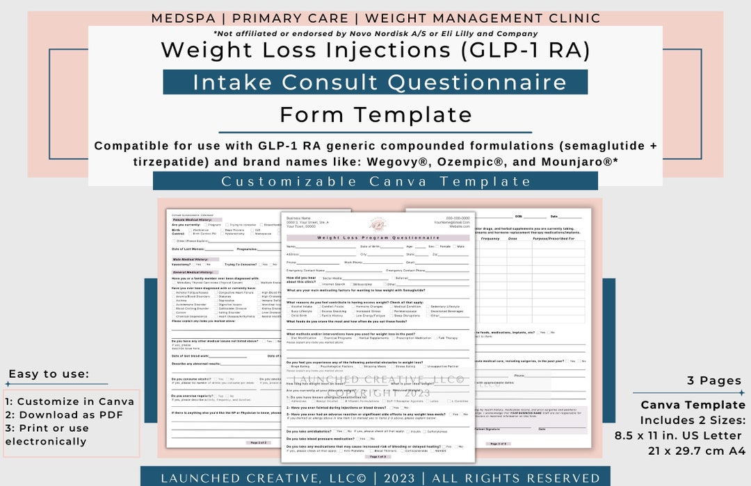Weight Loss Injection Intake Questionnaire Form Template Etsy