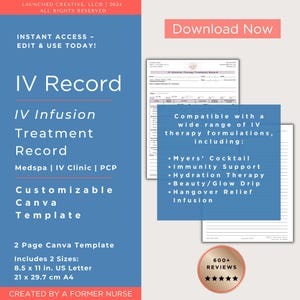 IV Infusion Therapy Treatment Record Form Template | IV Therapy Record Form | Mobile IV Clinic | intravenous vitamin treatment form | Canva
