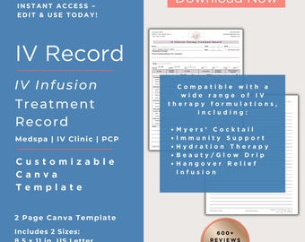 IV Infusion Therapy Treatment Record Form Template | IV Therapy Record Form | Mobile IV Clinic | intravenous vitamin treatment form | Canva