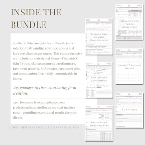 Aesthetic skin analysis and treatment form bundle for MedSpa professionals. Includes customizable consultation templates, Fitzpatrick skin type analysis, and treatment notes. Fully editable in Canva for estheticians and cosmetic nurses.